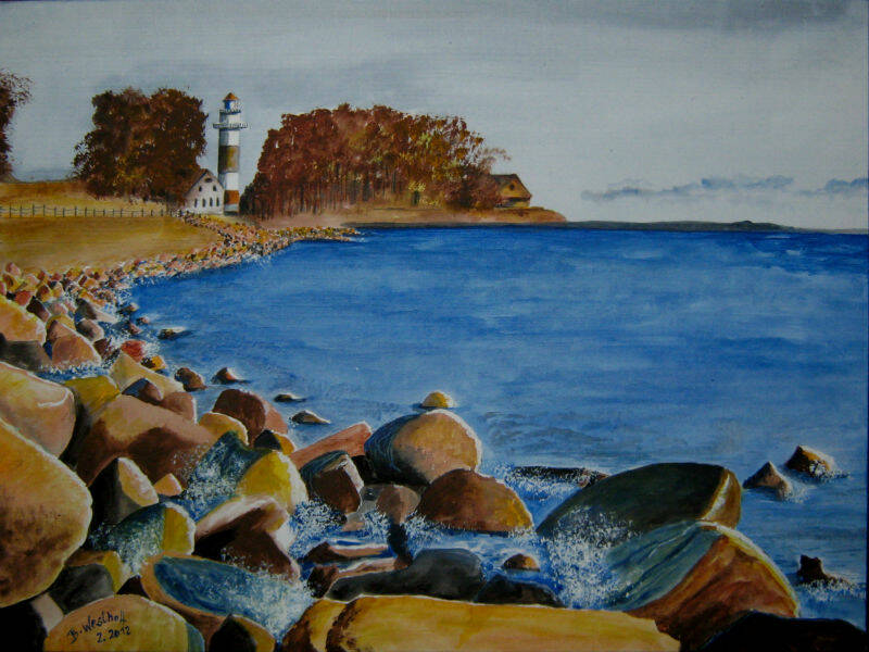 Ein Aquarell mit Blick auf einen Leuchtturm