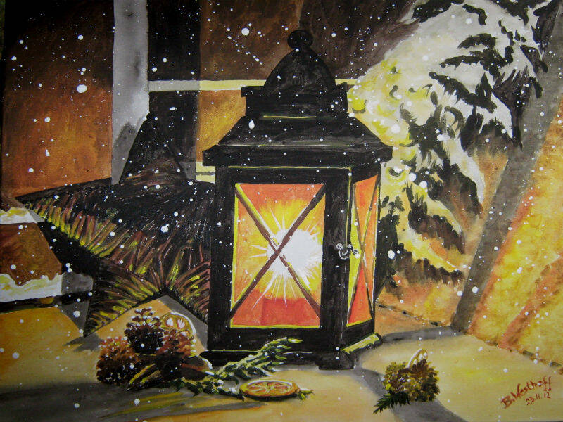 Eine Laterne leuchtet im Schnee.rnAquarell