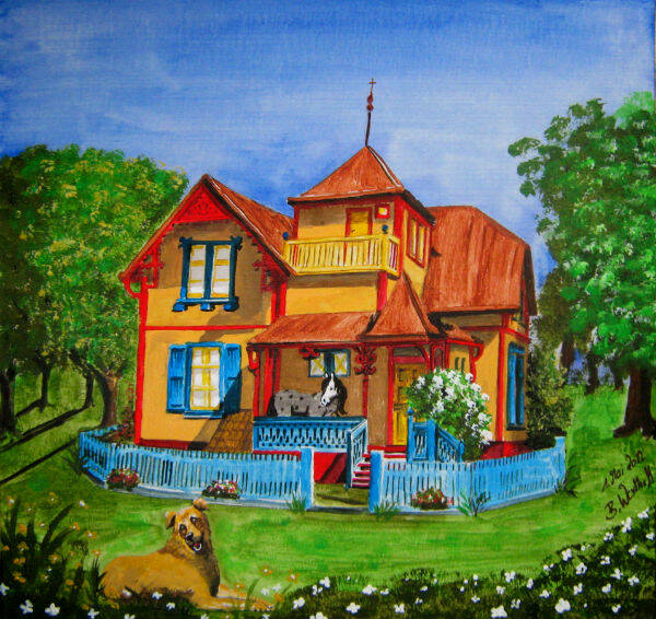 Smilie vor der Villa rnOriginalgrÃ¶ÃŸe 40x40cm